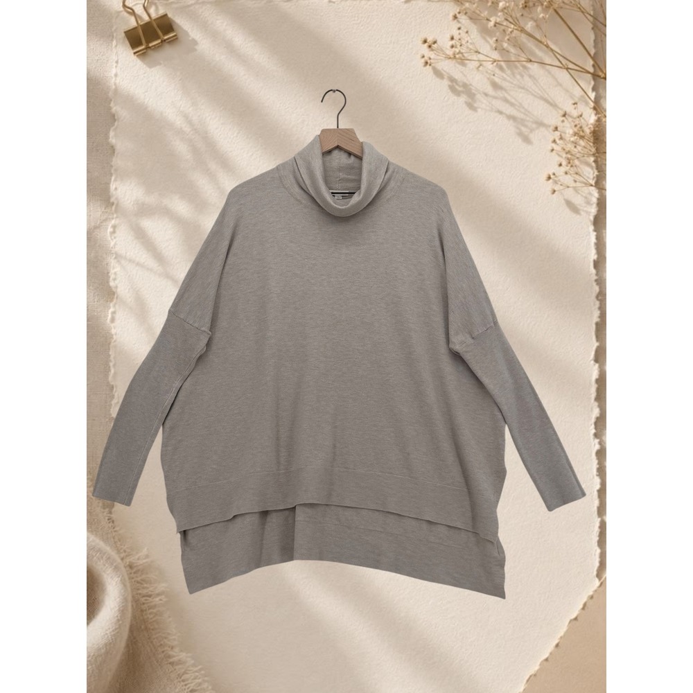 Tea n Rose Oversized Cowl Turtleneck High Low Knit Tunic Sweater Gray L